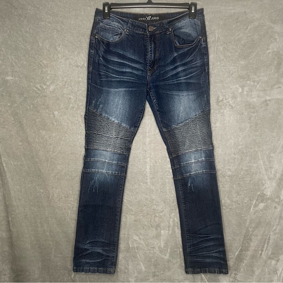 X-Ray Classic Stretch Distressed Moto Jeans Dark Wash Size 32x32 - Picture 1 of 8